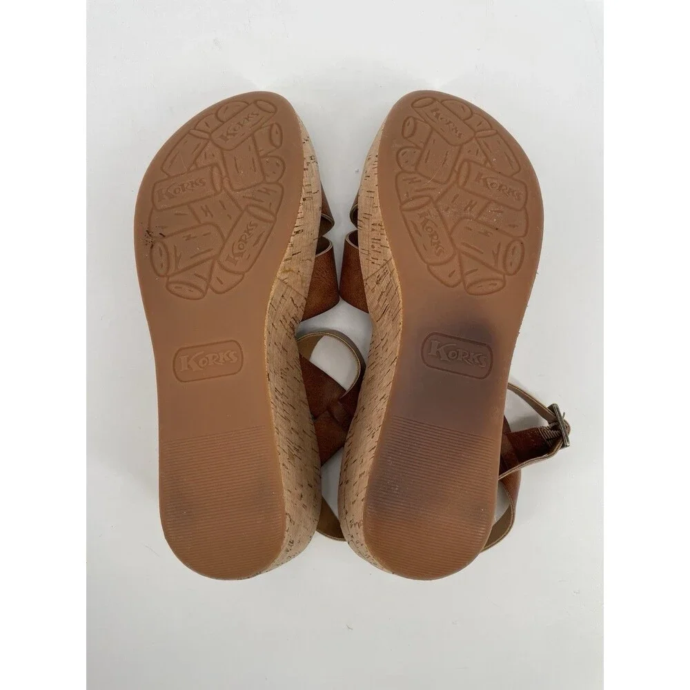 Korks Denica Crisscross Tan Faux Leather Cork Platform Wedge Boho Sandals 9M